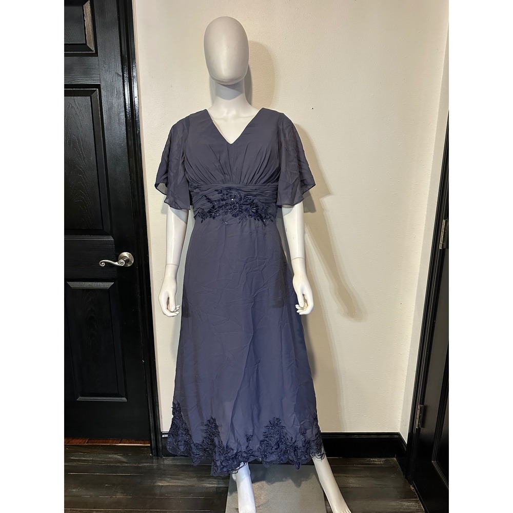 Dusty Blue Chiffon Evening Gown Flutter Sleeve Lace Up Back Formal Midi Dress
